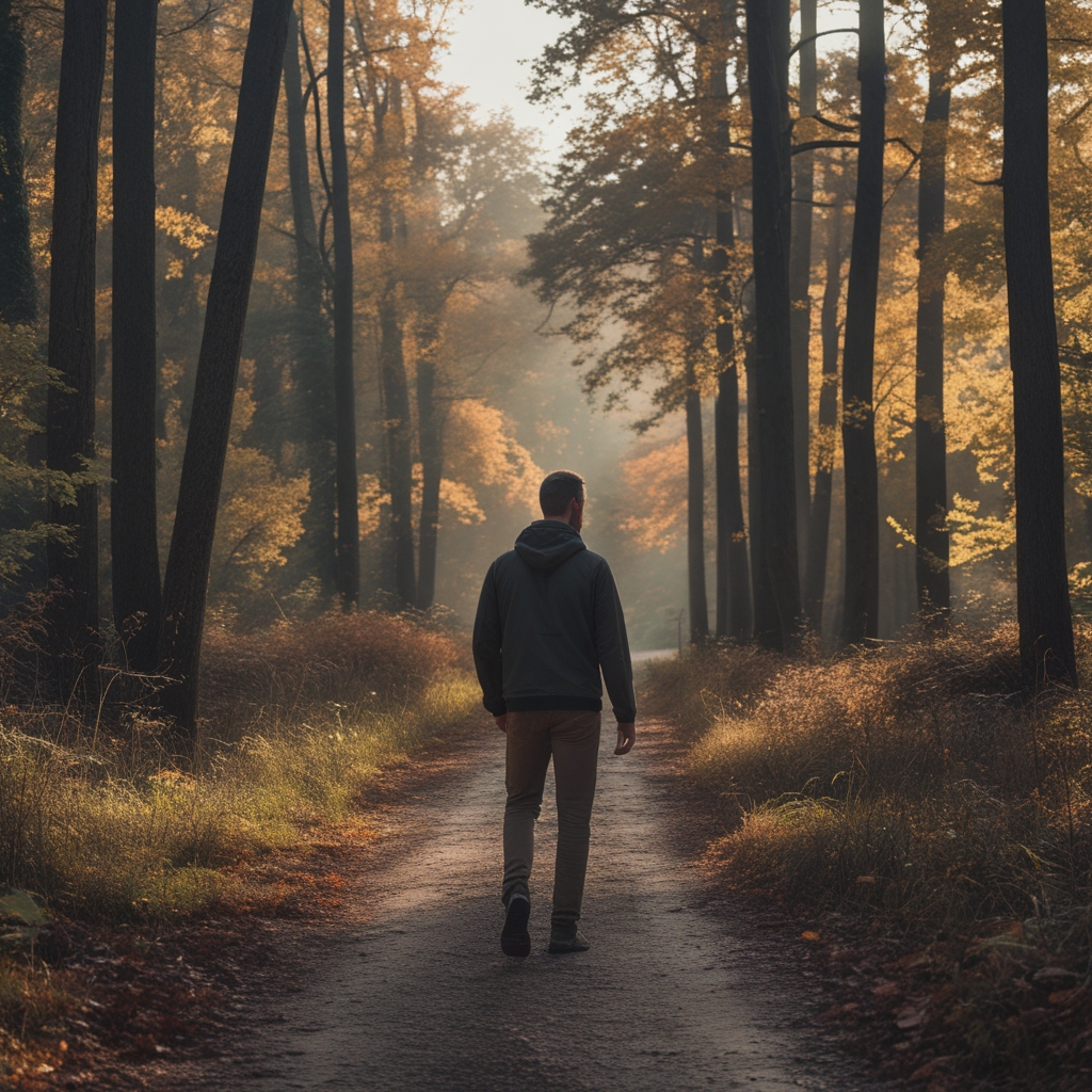 Man walking along a quiet forest path in the morning, surrounded by tall trees with dappled sunlight filtering through the canopy, autumn leaves on the ground, peaceful atmosphere